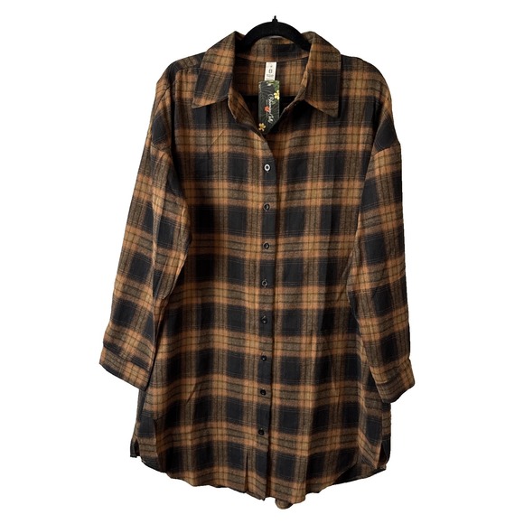 Blooming Jelly Tops - Blooming Jelly NWT Flannel Plaid Button Down Pocket Tunic Shirt Dress M Boho